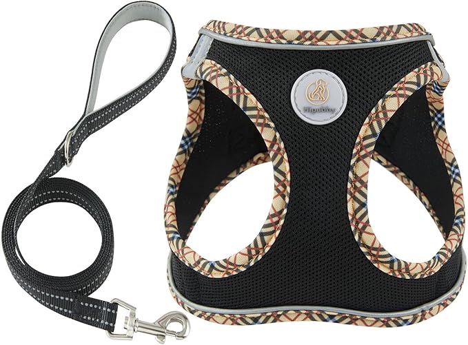 Hipubby Dog Harness Small Sized and Leash Set, No Pull Soft Mesh Puppy Vest, Reflective Breathable Lightweight Pet Harness, Harness for Small Medium Dogs and Cats - Black/Khaki Trim, S
