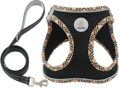 Hipubby Dog Harness Small Sized and Leash Set, No Pull Soft Mesh Puppy Vest, Reflective Breathable Lightweight Pet Harness, Harness for Small Medium Dogs and Cats - Black/Khaki Trim, S