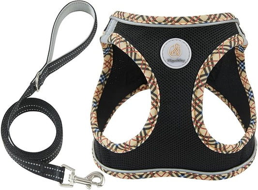 Hipubby Dog Harness Small Sized and Leash Set, No Pull Soft Mesh Puppy Vest, Reflective Breathable Lightweight Pet Harness, Harness for Small Medium Dogs and Cats - Black/Khaki Trim, XS
