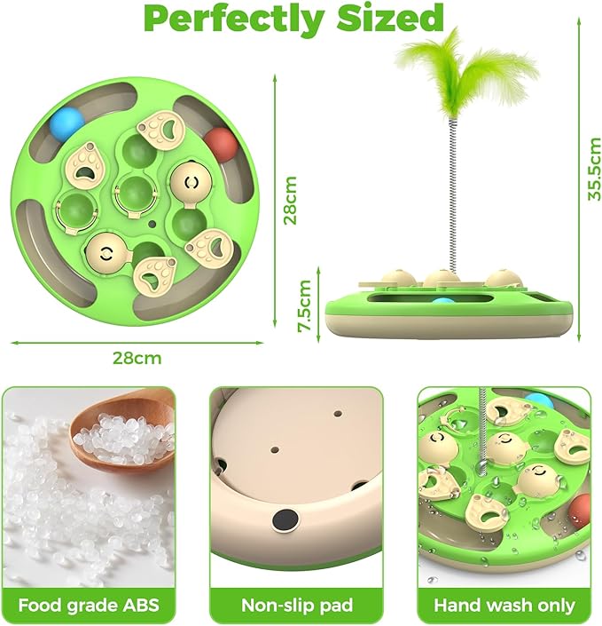Cat Puzzle Toys Games Level 3 in 1 with Track Balls, Feather Teaser & Treat Feeder | Non-Slip Base | Mental Stimulation Enrichment for Indoor Cat, Dogs | Kitty Gift, Green