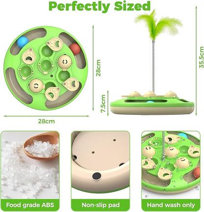 Cat Puzzle Toys Games Level 3 in 1 with Track Balls, Feather Teaser & Treat Feeder | Non-Slip Base | Mental Stimulation Enrichment for Indoor Cat, Dogs | Kitty Gift, Green