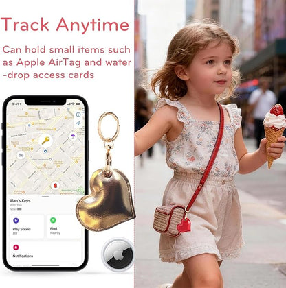 Leather Charm Keychain Holder Case Compatible with AirTag,Cute Protective Heart-Shaped Cover with Luxe Ring Clip,Finder GPS Tracker Case for Wallet Keys,Bag,Pets(Golden)