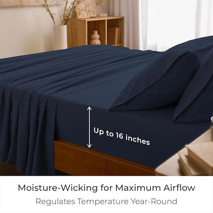 Mellanni Twin XL Sheet Set - 4-Piece Iconic Collection Bedding, (Including 2 Pillowcases), 16-Inch Deep Pocket, Easy Care, Extra Soft, Cooling Sheets, Brushed Microfiber - Navy Blue
