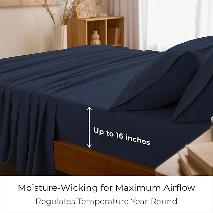 Mellanni King Sheet Set - 6-Piece Iconic Collection Bedding, (Including 4 Pillowcases), 16-Inch Deep Pocket, Easy Care, Extra Soft, Cooling Sheets, Brushed Microfiber - Navy Blue