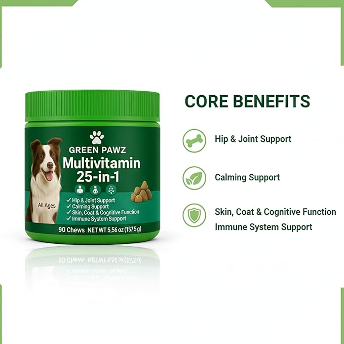 25-in-1 Multivitamin for Dogs – 90 Soft Chews with Glucosamine, Probiotics & Omega 3 – Hip Joint Support, Skin Coat, Gut Health & Immunity – Chicken Flavor, All Ages