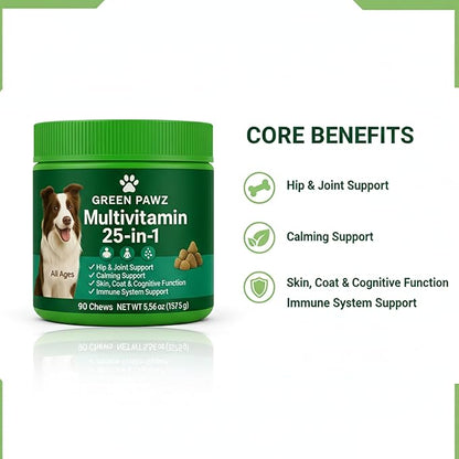 25-in-1 Multivitamin for Dogs – 90 Soft Chews with Glucosamine, Probiotics & Omega 3 – Hip Joint Support, Skin Coat, Gut Health & Immunity – Chicken Flavor, All Ages