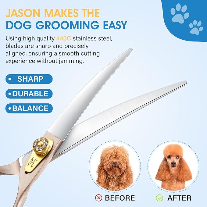 JASON Professional Dog Grooming Scissors - 7 Inch Curved Shear Japanese 440C Stainless Steel Dog Scissors with Diamond Screw, Rosegold, Sharp