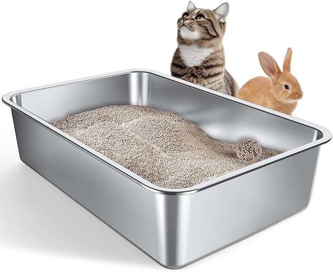 Gimars Extra Large Thicken Stainless Steel Litter Tray - Easy to Clean High Side Rustproof, Never Absorbs Odors Metal Litter Tray for Cats Rabbits
