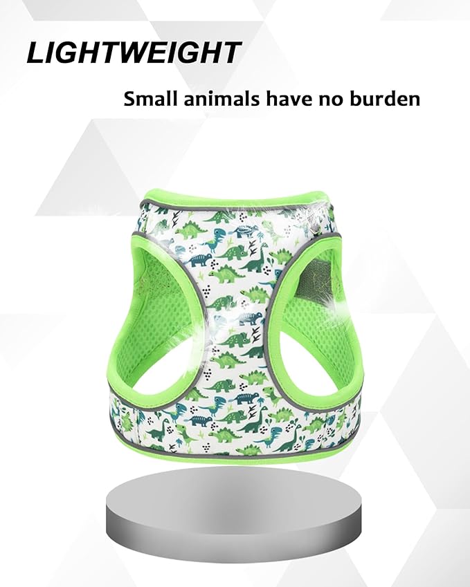 XS Green Dinosaur Pattern Dog Harness and Leash Set,No Escape Puppy Harnesses for Training Walking，Breathable Adjustable Puppy Vest for Small Medium Dogs, Cats (Green, XS)