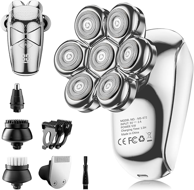 Detachable Head Shavers, SHPAVVER 5 in 1 Electric Razor IPX7 Waterproof for Bald Men, Wet Dry LED Display Rechargeable 7D Rotary Shaver Grooming Kit with Type C Charge A，Bright Silver
