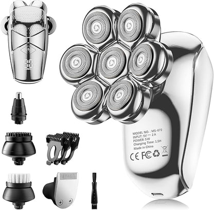 Detachable Head Shavers, SHPAVVER 5 in 1 Electric Razor IPX7 Waterproof for Bald Men, Wet Dry LED Display Rechargeable 7D Rotary Shaver Grooming Kit with Type C Charge A，Bright Silver