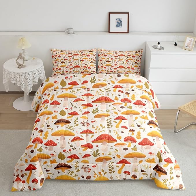 Erosebridal Rainbow Colorful Mushroom Twin Comforter Set Orange Wild Fungus Bedding Sets Botanical Plants Bedding Comforter White Duvet Set Leaves Cartoon Lady Room Décorative Cozy 2 Piece