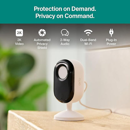 Arlo Essential Indoor Security Camera 2K (3rd Gen, 2025 Release) - Wired Plug-in Power, Person Recognition, Animal Detection, 1-Month Trial of Secure Plan, Automated Privacy Shield, 1 Cam, White