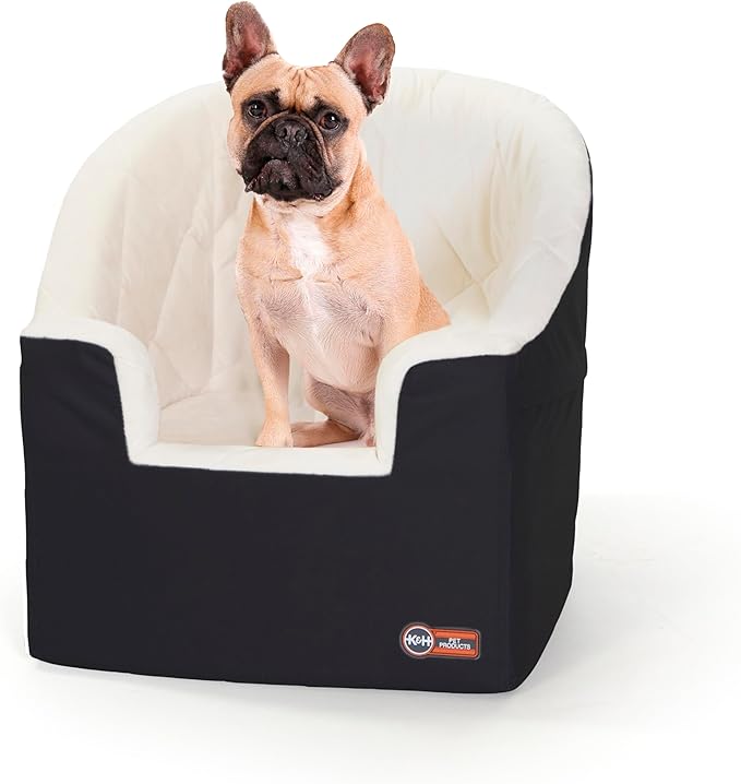 K&H Pet Products Bucket Booster Dog Car Seat for Small Dogs, Seat Belt Secured, 2 Safety Leashes, Washable Covers, Sturdy Pet Booster Seats for Traveling with Pets - Small Black/Cream