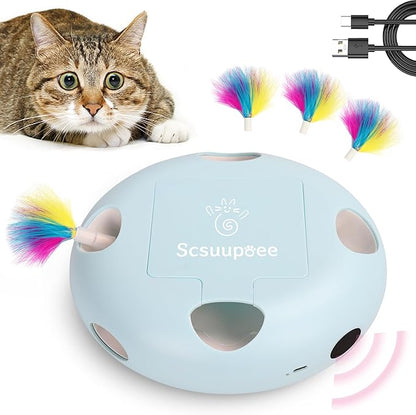 Cat Toys, Rechargeable Interactive Cat Toy, Smart Sensor Pop-Up Feather Toy with 7 Holes, USB Powered Automatic Kitten Toy for Indoor Cats, Blue