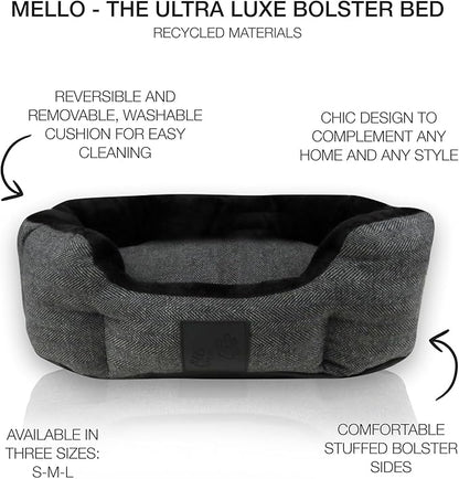 Pet Passion Mello- The Ultra Luxe Bolster Dog Bed with Removable Washable Pillow for All Pet Breeds, Charcoal Tweed, Small