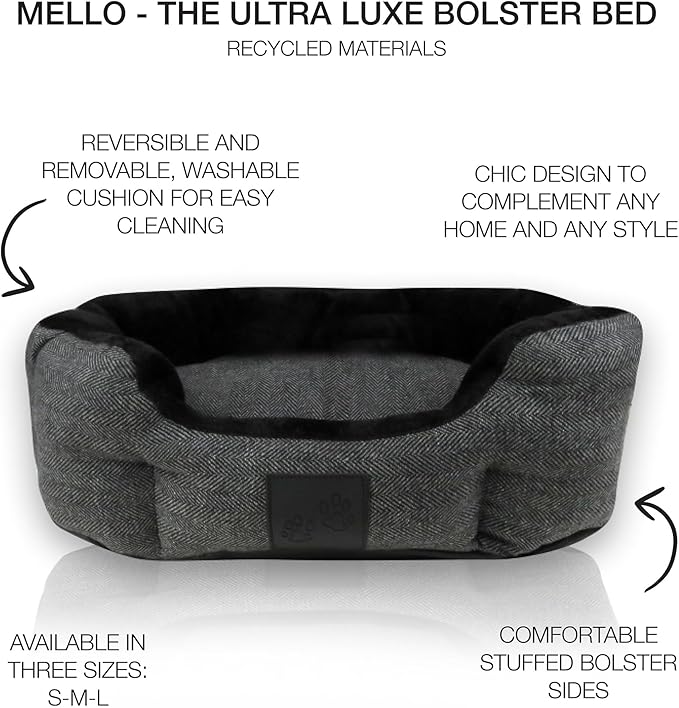 Pet Passion Mello- The Ultra Luxe Bolster Dog Bed with Removable Washable Pillow for All Pet Breeds, Charcoal Tweed, Large
