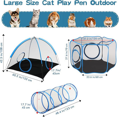 Outdoor Cat Enclosure, 3-in-1 Catio Outdoor Cat Enclosure with Tunnel for Outside and Indoor, Cat Tent Portable Catio Pet Playpen with Storage Bag for Kitty and Small Animals