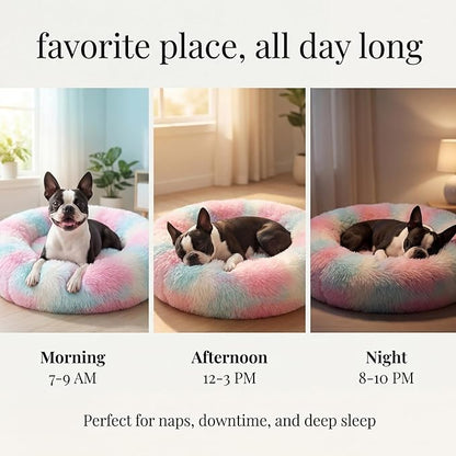 Calming Dog Bed for Medium Dogs Washable Donut 30 inches Anti-Slip Pet Bed,Round Fluffy Plush Faux Fur Cat Bed,Fits up to 45 lbs Pets,Multi Colored