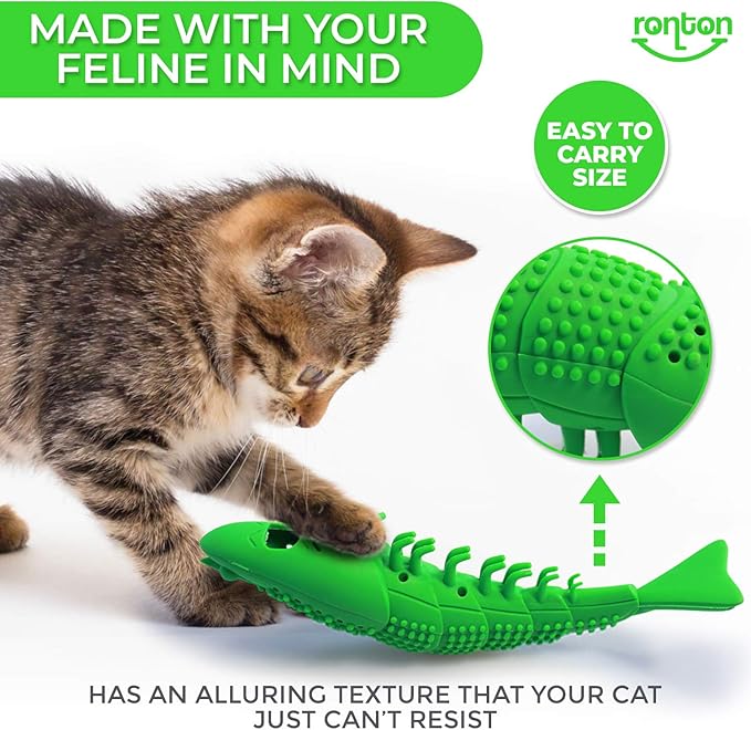 Ronton Catnip Toy - Durable Hard Rubber - Cat Dental Care, Cat Interactive Toothbrush Chew Toy (2 Pack Green & Blue (Shrimp))