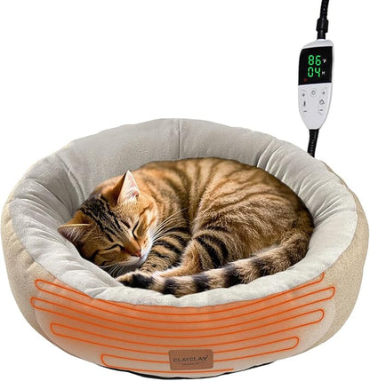CLAYCLAY Heated Cat Bed, Round Heated Pet Bed for Indoor Cats, 20" Cozy with Timer & Temperature Adjustable, Non-Slip Bottom, Removable, Washable, Waterproof with Pet Heating Pad