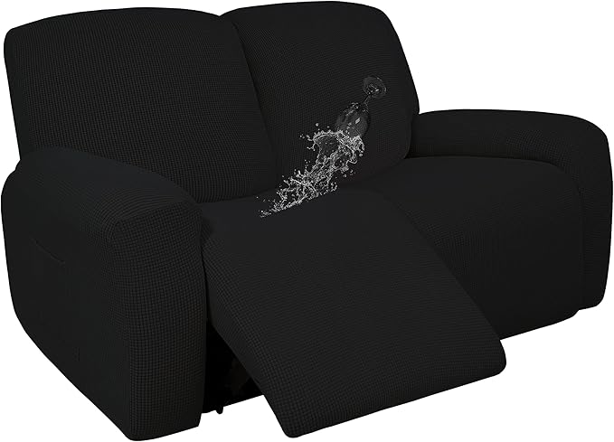 Easy-Going 100% Dual Waterproof Recliner Loveseat Cover, 6-Pieces Stretch Relining Sofa Cover with Pocket, Jacquard 2 Seat Sofa Slipcover Leakproof Washable (Loveseat, Black)
