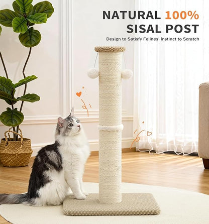 Made4Pets Tall Cat Scratching Post, 23.6" Natural Sisal Cat Scratcher with Hanging Balls, Heavy Duty and Thicker Scratching Post for Indoor Cats Adults, Sturdy Base Cat Scratch Post, Beige