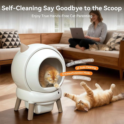 Automatic Cat Litter Box - E2 Self Cleaning Litter Box Smart Robot for Multiple Cats, APP Real-Time Monitor, Weight Monitoring, Safe Anti-Pinch Liners and Mat Included