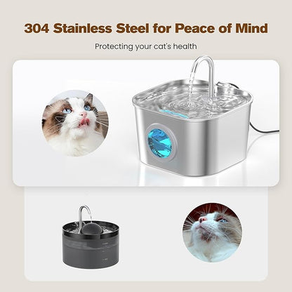 Cat Water Fountain with 8 Filters + 5 Sponges,Small Pet Waterer Dispenser Fountains for Drinking Cats Indoor Metal Automatic Waterer Bowl 24/7 Running Auto Kitty Watering Supplies Quiet Pump