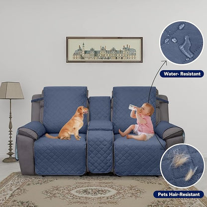 PureFit Water Resistant Reversible Loveseat Recliner Couch Cover for Double Recliner with Console – Non Slip Split Sofa Cover, Washable Reclining Cover for 2 Seat Recliner (Dark Blue/Light Blue)