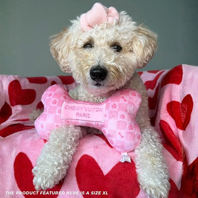 Haute Diggity Dog Chewy Vuiton Bone Plush Squeaky Dog Toy, Soft Durable Designer-Inspired Stuffed Puppy Chew Toys for Small & Medium Dogs, Machine-Washable (Pink Checker) Large