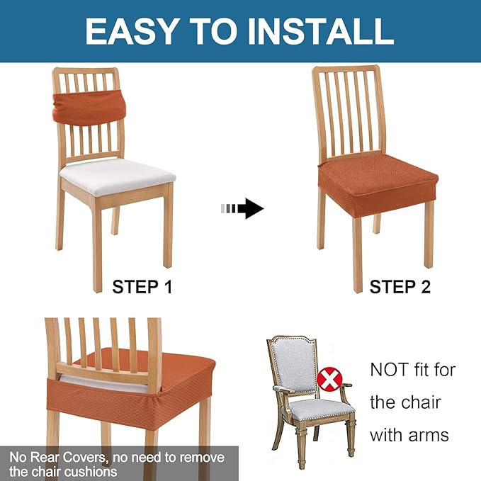 Smiry Waterproof Seat Covers for Dining Room Chairs Set of 8, Stretch Jacquard Removable Washable Chair Seat Slipcovers Protector, No Rear Covers, Rust