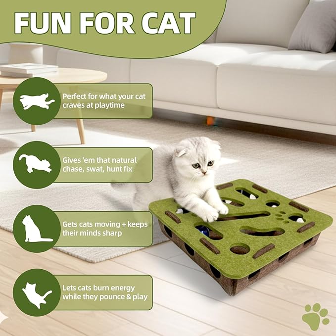 Interactive Soft Felt Cat Puzzle Toy with Ball and Bell，cat Nail File Enrichment Box，Cat Toy Box for Indoor Cats and Kittens，Indoor Hunting Play Toy (Green)