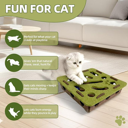 Interactive Soft Felt Cat Puzzle Toy with Ball and Bell，cat Nail File Enrichment Box，Cat Toy Box for Indoor Cats and Kittens，Indoor Hunting Play Toy (Green)