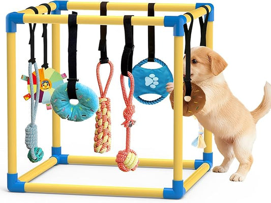 Puppy Play Gym with 8 Hanging Toys Indoor Play Gym Interactive Dog Toys for Boredom Enrichment Activity for Small Dog Teething PVC Frame Stretchy Rope with Velcro (Yellow,19.6 x 19.6 x 19.6 inch)