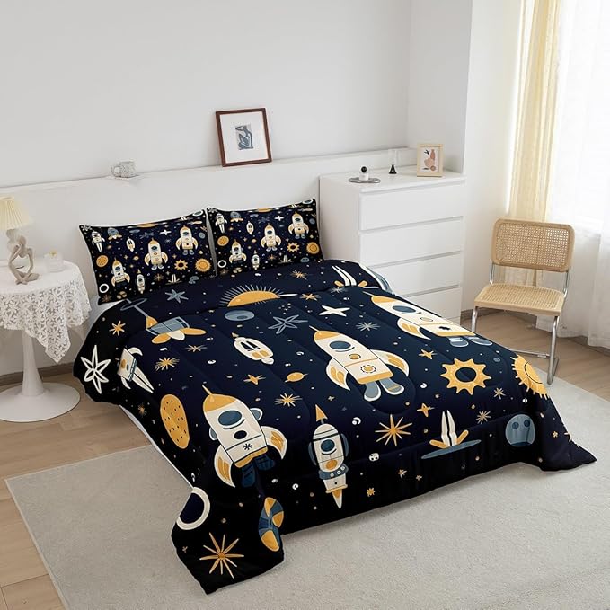 Erosebridal Galaxy Sun Bedding Sets Twin Universe Stars Down Comforter,Rocket Quilt Set for Kids Toddler Cartoon Planets Style Quilted Comforter Lightweight Soft Room Decorative 2 Piece