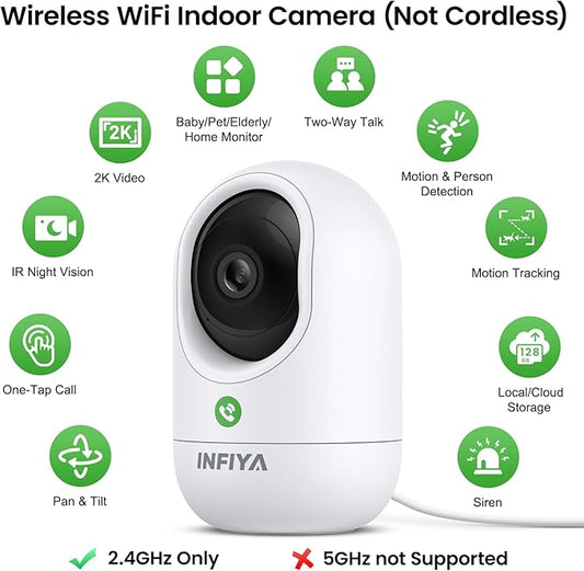 INFIYA 2K Security Camera Indoor-360 Cameras for Home Security and One-Tap Call, Elderly/Cat/Baby/Nanny, Motion Alert, Intelligent Tracking, 2.4GHz WiFi Only, Work with Alexa/Google Home, K7 2Pack