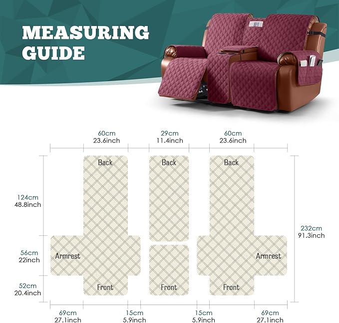 Ruaozz Waterproof Loveseat Recliner Cover with Console Non-Slip Reclining Couch Covers Split Sofa Slipcovers with Elastic Straps Furniture Protector for Kids, Dogs, Pets (Wine, 2 Seater)