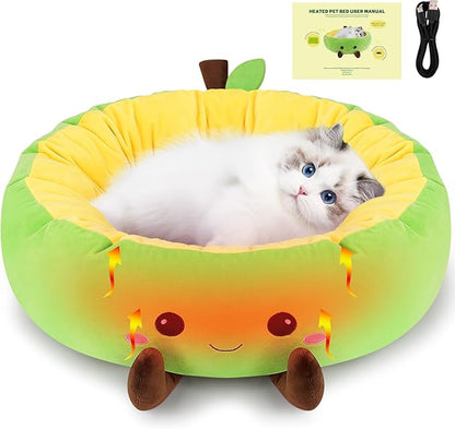 Avocado Heated Cat Bed - Cute Round Dog Bed for Winter, Warming Pet Bed for Indoor Cats & Small Dogs, Washable Calming Nest with Heating Pad & Timer, Green Pet Heating Pad for Cats and Dogs