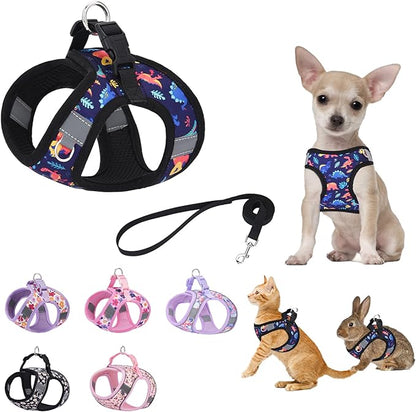 Small Dog Harness Black Dinausor No Pull Step in Vest Harness Mesh Padded Soft Harness for Small Medium Dogs Cats