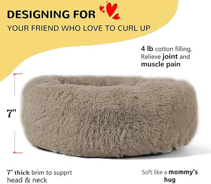 HACHIKITTY Calming Donut Cuddler Dog Bed, Round Fluffy Pet Bed with Sewn-in Cushion for Large Dogs,Washable, Taupe, XLarge 36''