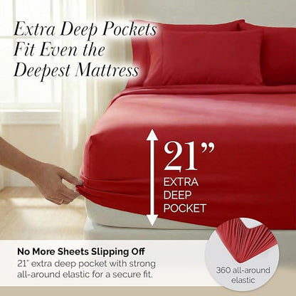 Southshore Fine Living, Inc. Extra Deep Pocket Twin XL Bed Sheets, 4-Piece Ultra Soft Red Sheets with 21" Deep Twin Fitted Sheet, Oversize Flat Sheet, 2 Pillowcases, Chili Pepper