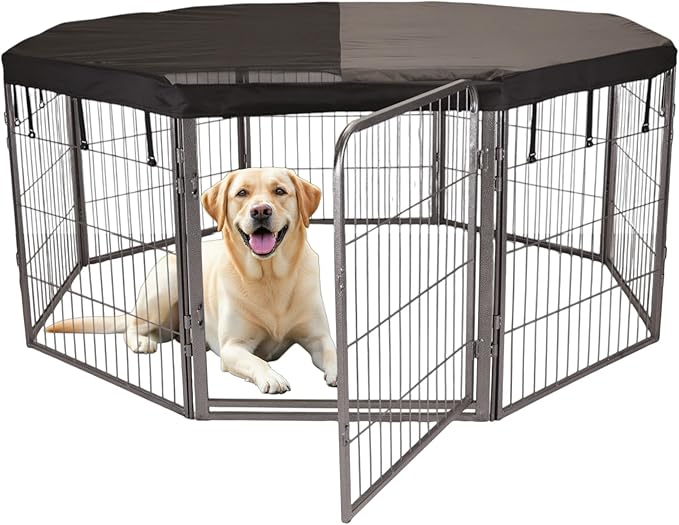 Dog Playpen w/Octagon Top Shade Cover - 32 inch, 8 Panel Portable Grey Metal Pet Play Pen for Small & Medium Dogs - Indoor/Outdoor Kennel Cage for Home, Yard, RV, or Camping