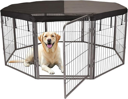 Dog Playpen w/Octagon Top Shade Cover - 32 inch, 8 Panel Portable Grey Metal Pet Play Pen for Small & Medium Dogs - Indoor/Outdoor Kennel Cage for Home, Yard, RV, or Camping