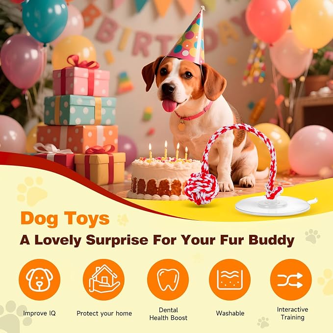 Interactive Dog Toys, Gel Suction Cup Design, Cotton Rope Ball with Built-in Bell, Puppy Teething Toys, Tug of War Dog Toy, Dog Puzzle Toy for Small Dogs, Red & White