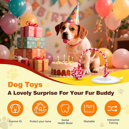 Interactive Dog Toys, Gel Suction Cup Design, Cotton Rope Ball with Built-in Bell, Puppy Teething Toys, Tug of War Dog Toy, Dog Puzzle Toy for Small Dogs, Red & White