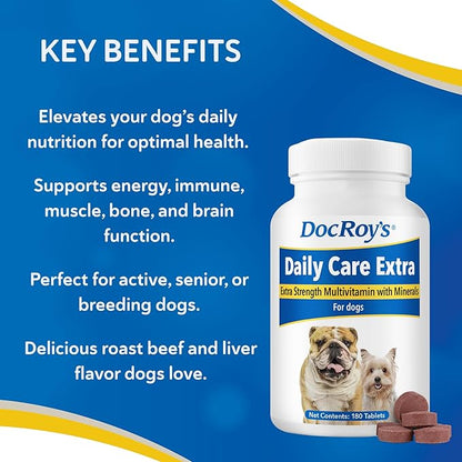 Doc Roy's Daily Care Extra Canine, Advanced Multivitamin Supplement for Dogs, Supports Energy, Immune, Muscle, Bone & Brain Health, Provides Vitamins A C D3 E B Complex, Iron Zinc, 180ct Tablets