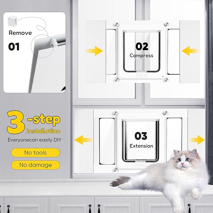 Cat Door for Window with Safety Window Lock, Adapt to Windows of Different Width, 5 Min Non-Destructive Installation Cat Window Door Insert, Aluminum Alloy Frame, 4 Locking Modes, for Cat Only