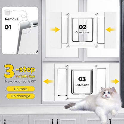 Cat Door for Window with Safety Window Lock, Adapt to Windows of Different Width, 5 Min Non-Destructive Installation Cat Window Door Insert, Aluminum Alloy Frame, 4 Locking Modes, for Cat Only
