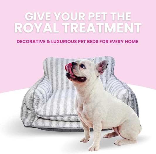 Glow Pups Dog Bed Cozy Sofa, Striped Pattern Cat Bed with Soft Faux Lambswool Cushion, Machine Washable Cotton Blend, Three-Sided Design, Grey/White Striped, X-Large 39.37" L x 23.62" W x 15.75" Th